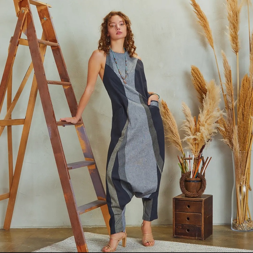 100% Cotton Denim Look Hippie Style Racerback Harem Jumpsuit